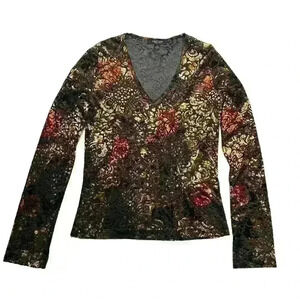 KAREN KANE Black Gold Shimmery Long Sleeve V Neck 90s Style Top Women Small